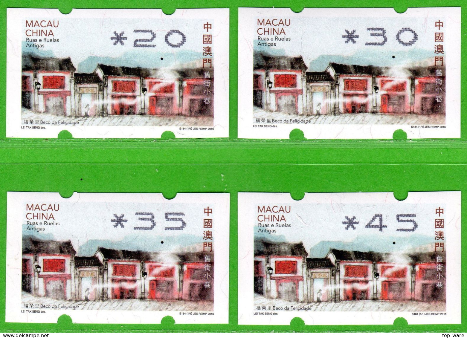 2018 China Macau ATM Stamps Old Streets And Alleys REPRINT 2016 / Satz 4 Werte MNH + AQ / Newvision Automatenmarken - Automatenmarken