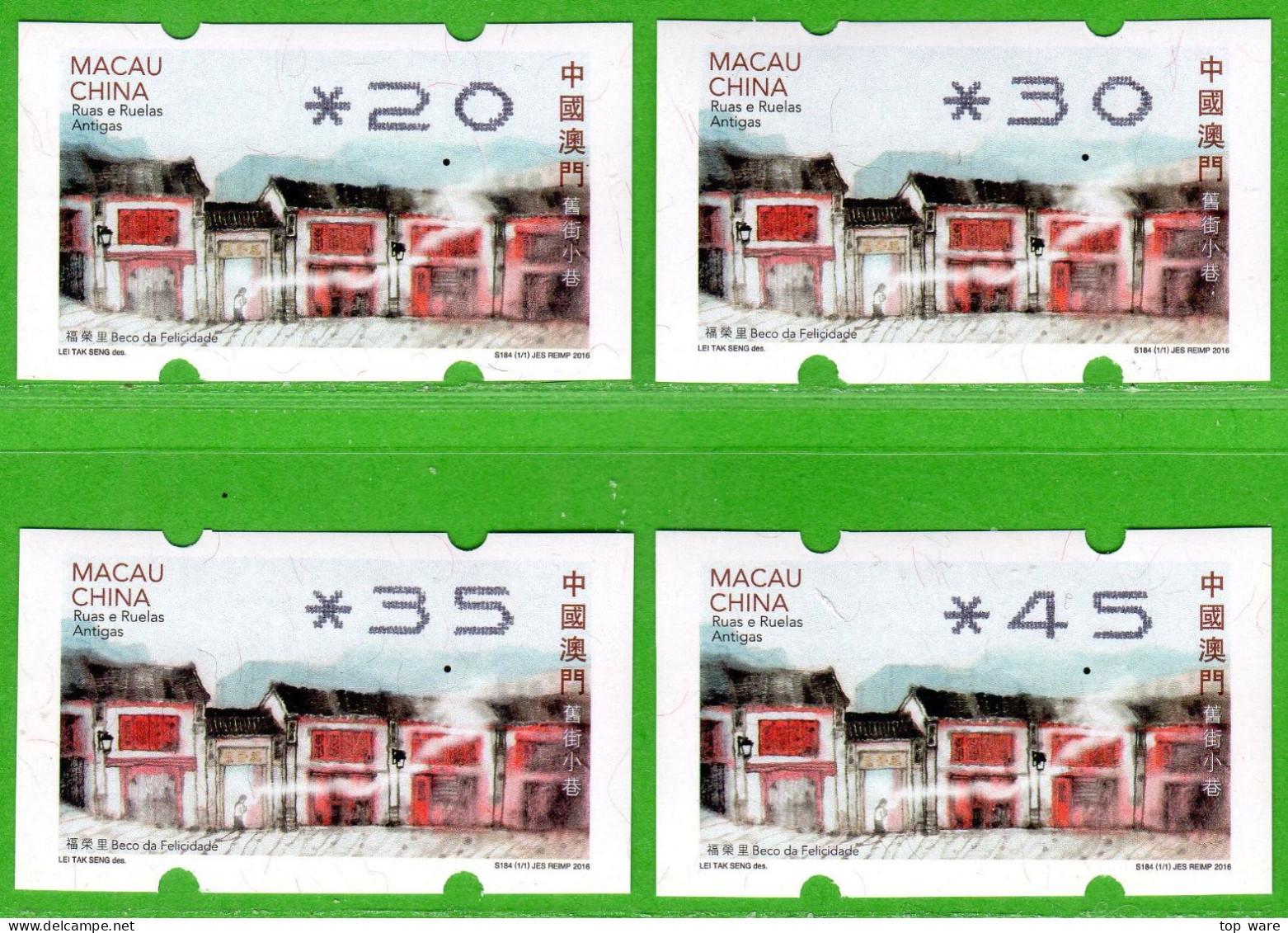 2018 China Macau ATM Stamps Old Streets And Alleys REPRINT 2016 / Satz 4 Werte MNH + AQ / Newvision Automatenmarken - Distributors