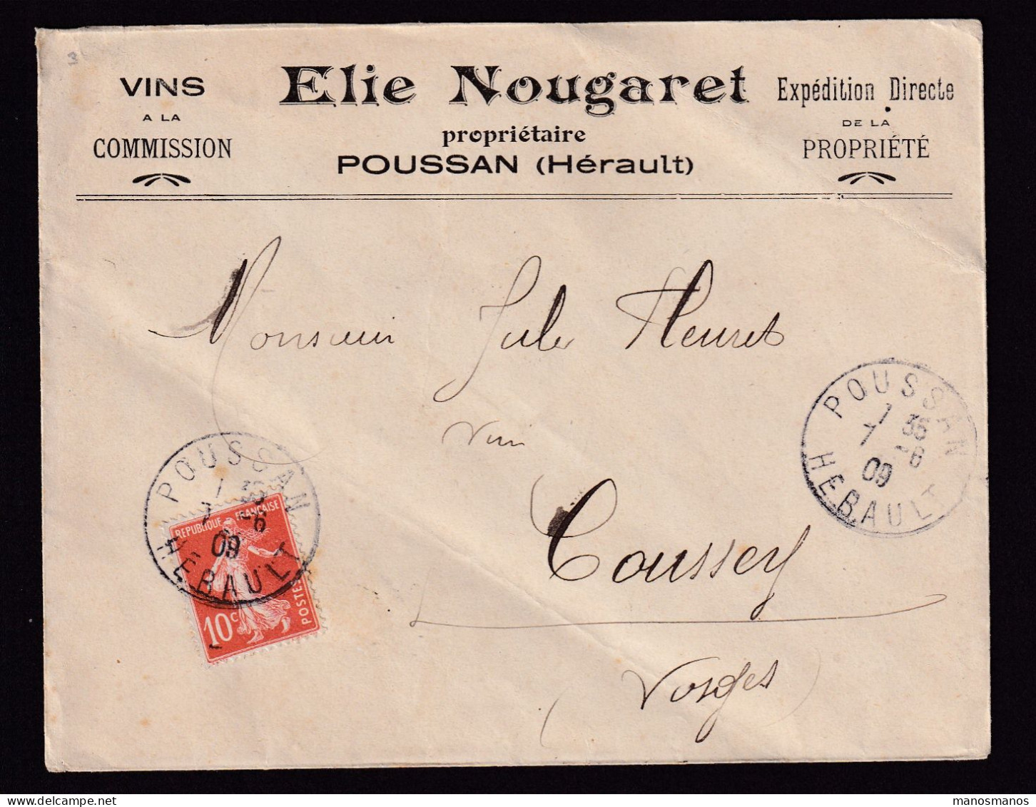 DDFF 404 -- VINS FRANCE - Enveloppe TP Semeuse POUSSAN Hérault 1909 - Entete Elie Nougaret, Propriétaire - Vins & Alcools