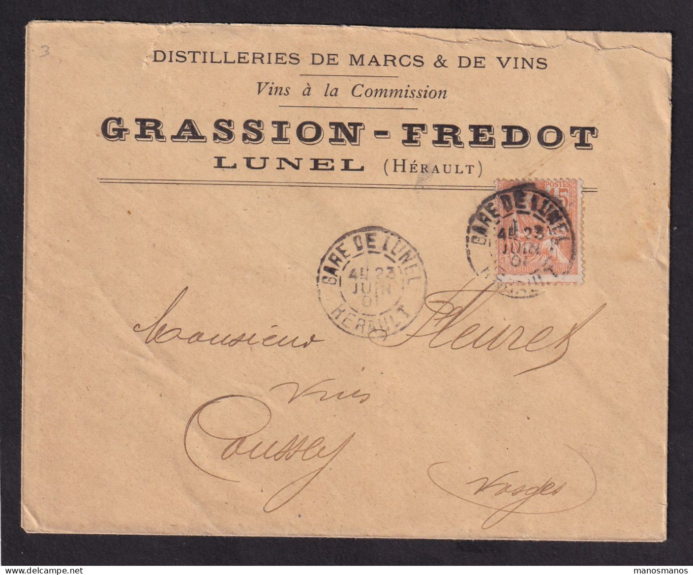 DDFF 408 -- ALCOOLS De FRANCE - Enveloppe TP Mouchon LUNEL 1901 - Entete Distillerie Grassion-Fredot - Vins & Alcools