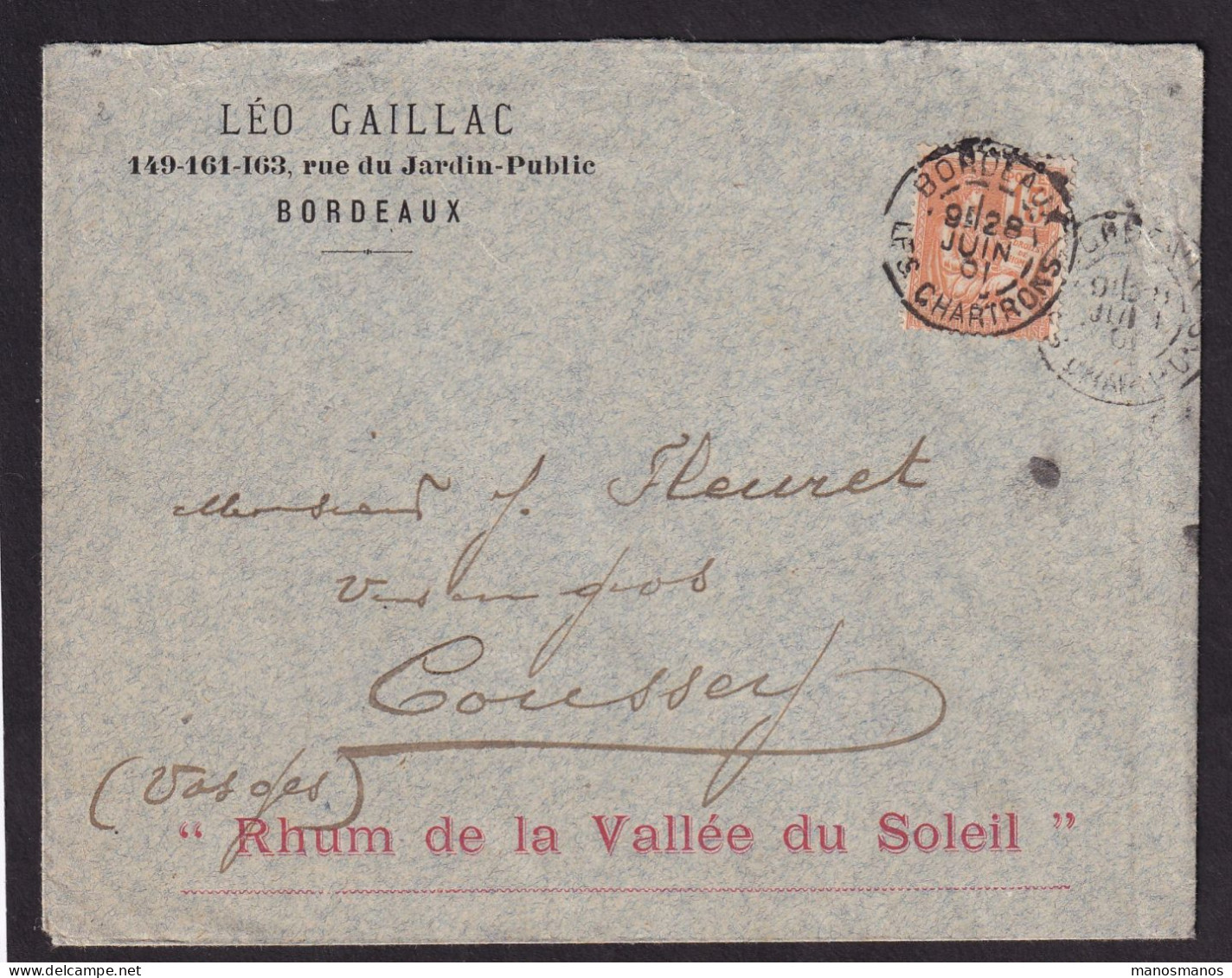 DDFF 409 -- ALCOOLS De FRANCE - Enveloppe TP Mouchon BORDEAUX 1901 - Entete Léo Gaillac, Rhum Vallée Du Soleil - Vins & Alcools