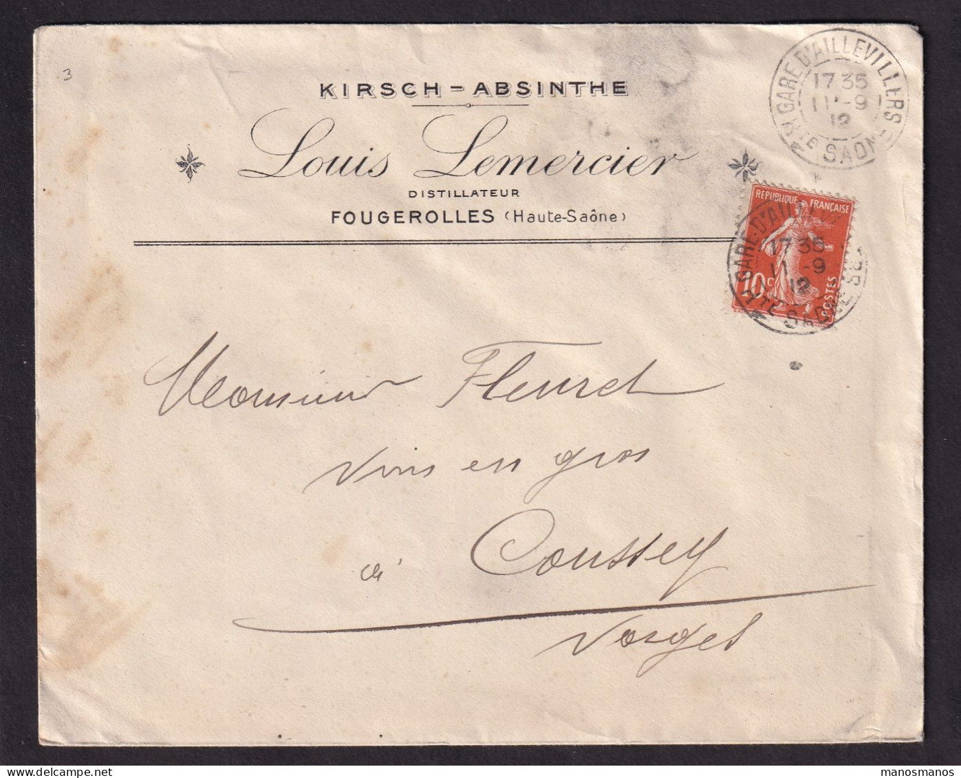 DDFF 410 -- ALCOOLS De FRANCE - Enveloppe TP Semeuse AILLEVILLERS 1912 - Entete Distillateur Louis Lemercier - Vins & Alcools