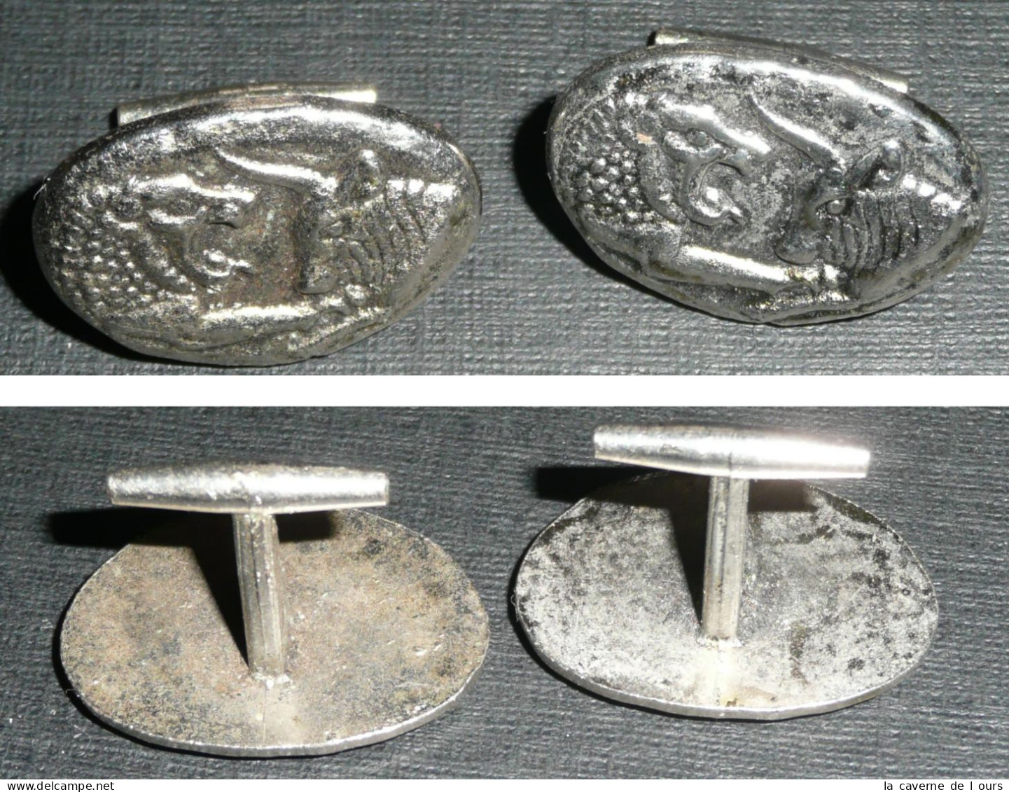 Rare Paire D'anciens Boutons De Manchettes En Métal Avec Animaux Mythologiques Lion Taureau Manchette Bouton Minotaure - Sonstige & Ohne Zuordnung