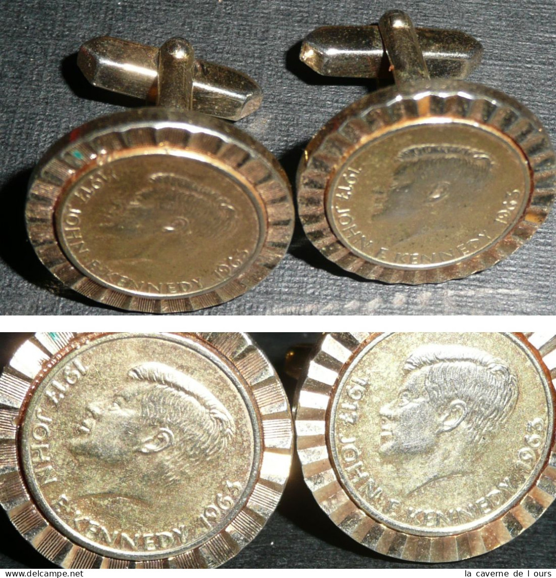 Rare Paire De Boutons De Manchettes En Laiton, Avec Simili-pièce De Monnaie John-Fitzgerald KENNEDY 1917-1963 Manchette - Andere & Zonder Classificatie