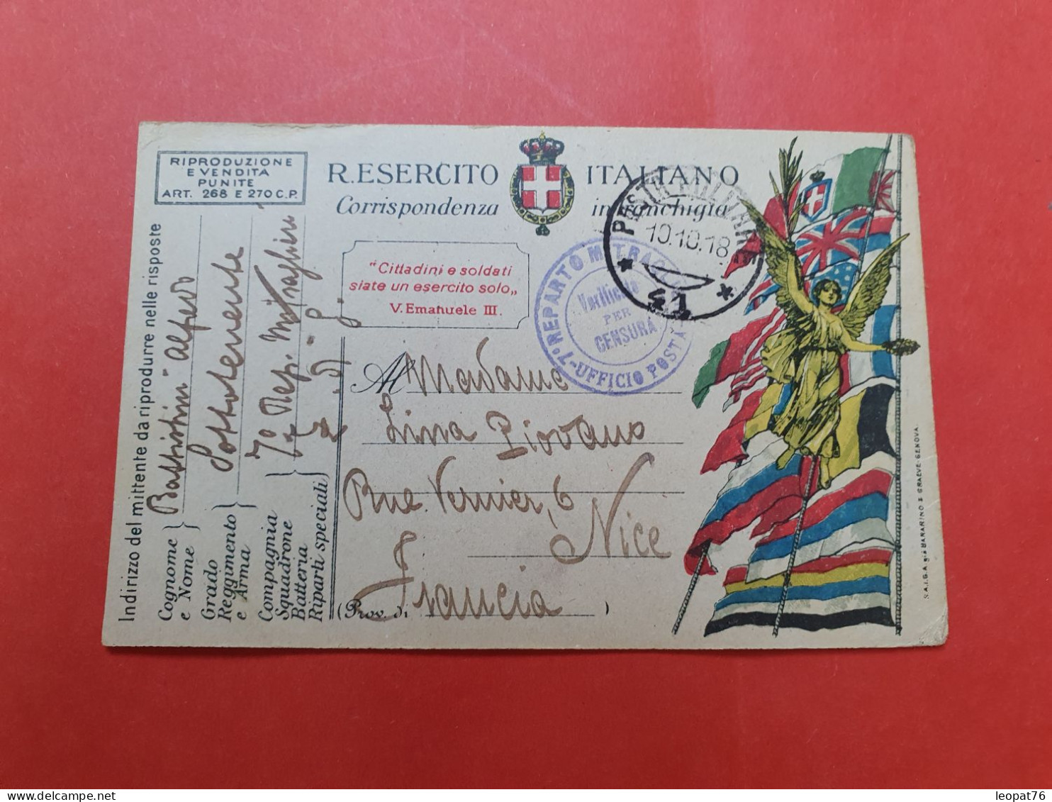 Italie - Carte Fm Pour Nice En 1918 Avec Cachet De Censure - D 417 - Poste Militaire (PM)