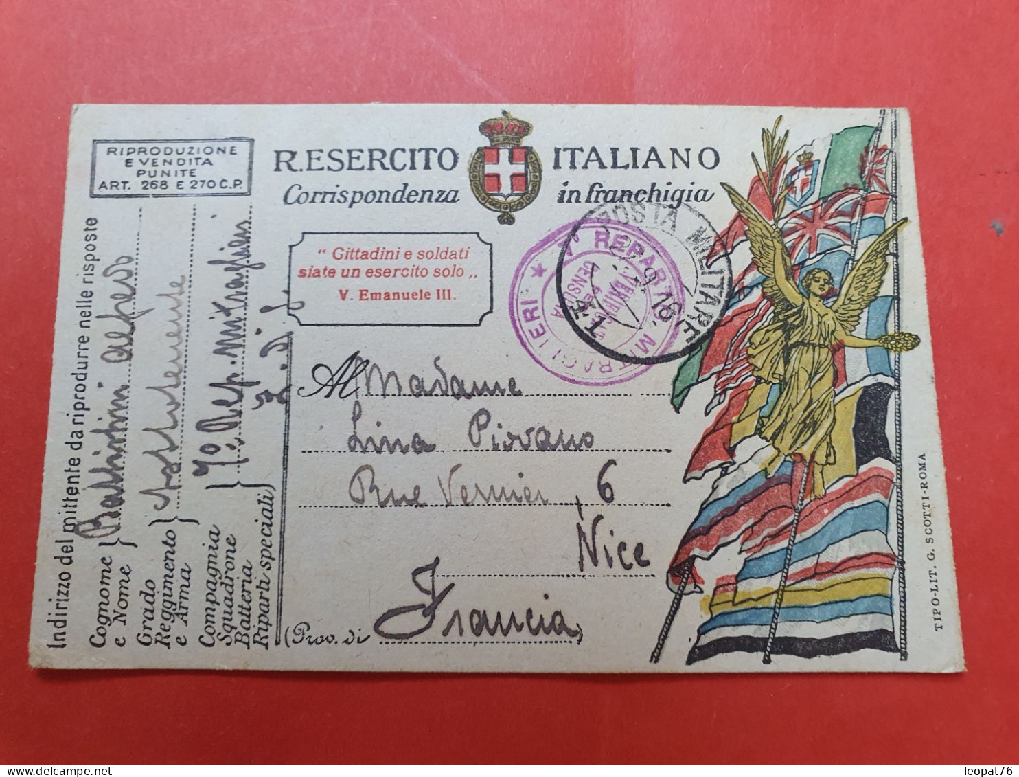 Italie - Carte Fm Pour Nice En 1918 Avec Cachet De Censure - D 418 - Posta Militare (PM)