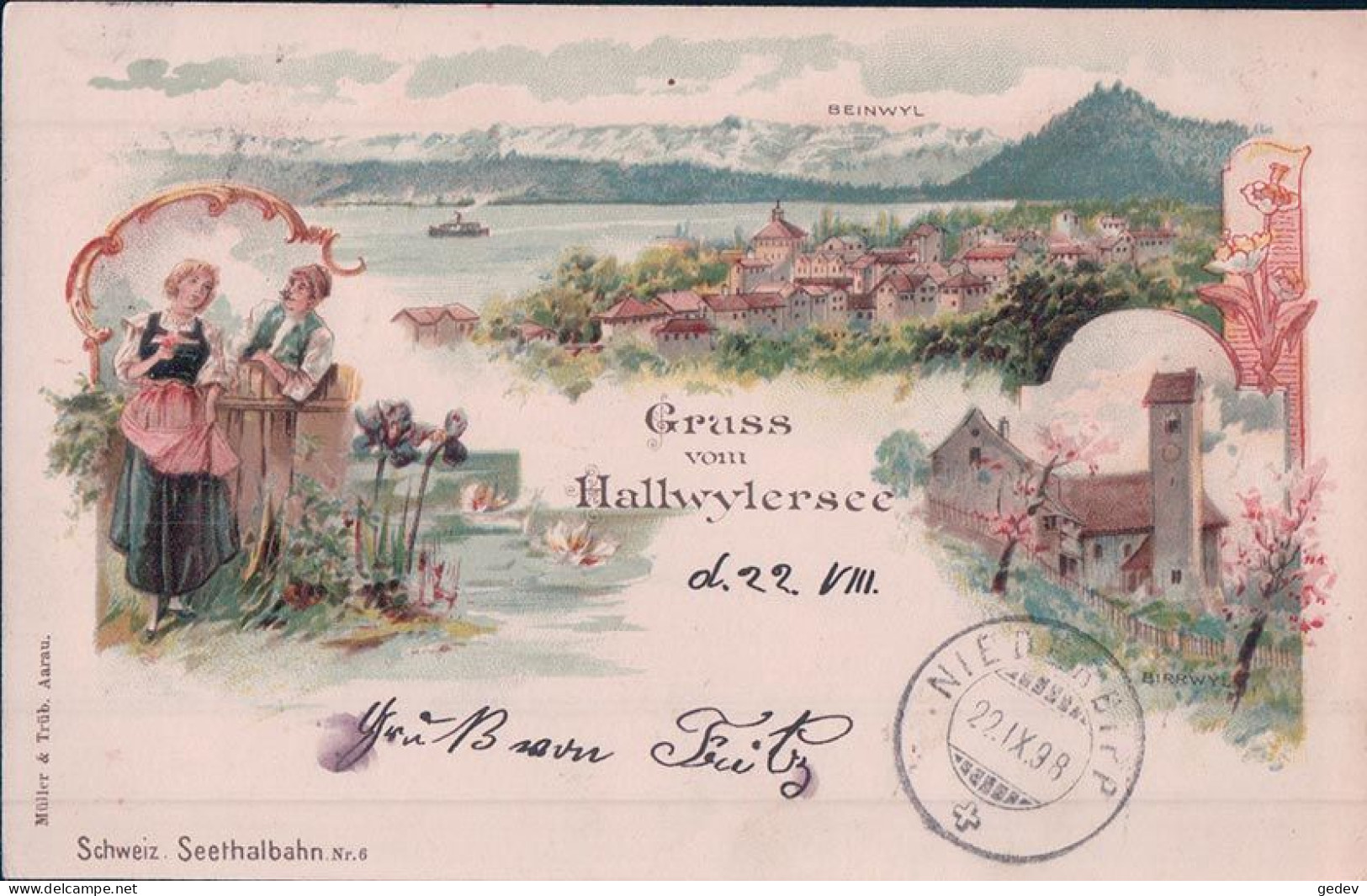 Gruss Vom Hallwylersee AG, Costume Et Beinwil, Litho 3 Vues (22.9.1898) - Beinwil Am See