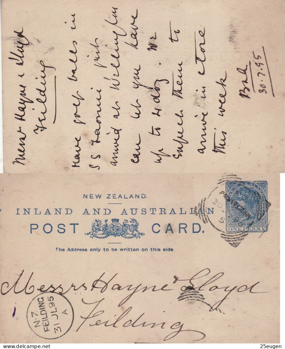 NEW ZEALAND 1895 POSTCARD SENT TO FIELDING - Covers & Documents