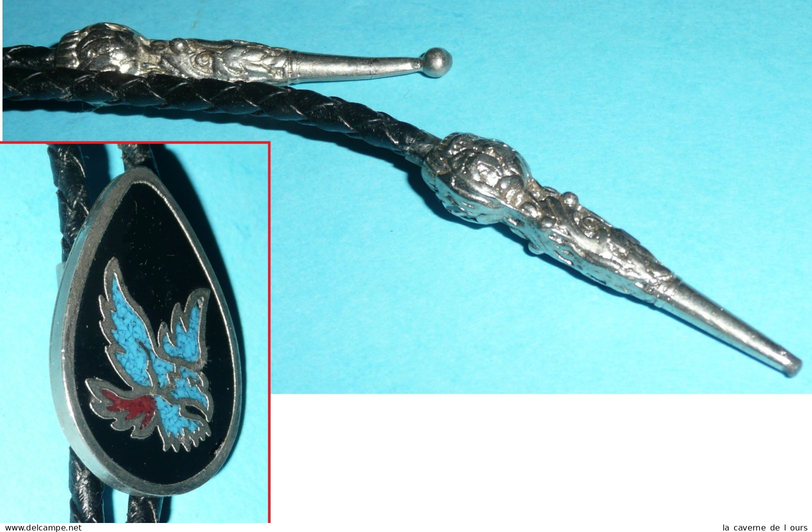 Rare Cravate Bolo Tie Western Country Cuir, Aigle Turquoise Handcrafted US USA - Andere & Zonder Classificatie