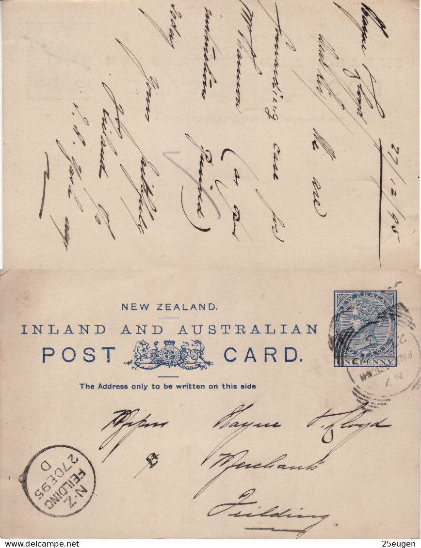 NEW ZEALAND 1895 POSTCARD SENT TO FIELDING - Covers & Documents