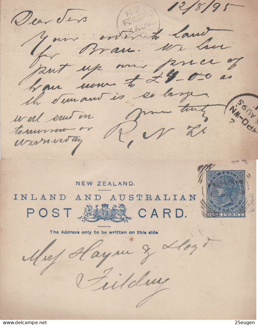 NEW ZEALAND 1895 POSTCARD SENT TO FIELDING - Brieven En Documenten