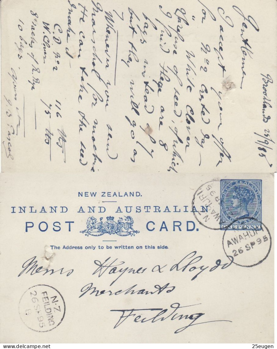 NEW ZEALAND 1895 POSTCARD SENT TO FIELDING - Covers & Documents