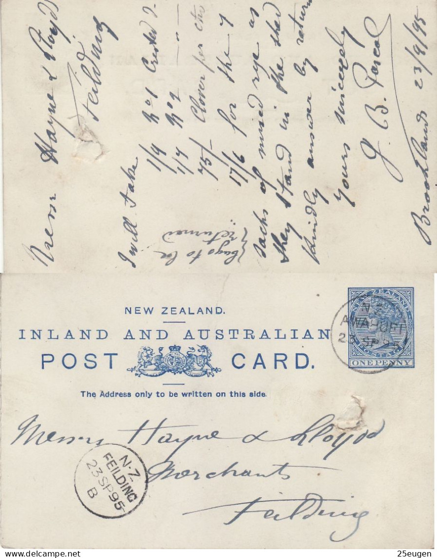 NEW ZEALAND 1895 POSTCARD SENT TO FIELDING - Brieven En Documenten