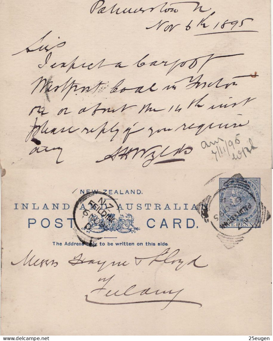 NEW ZEALAND 1895 POSTCARD SENT TO FIELDING - Cartas & Documentos