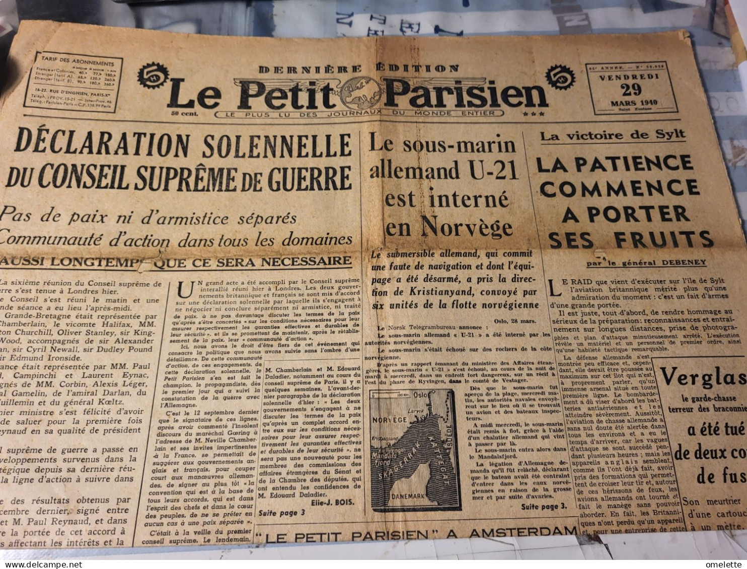 P P 40/PAS DE PAIX NI D ARMISTICE/SOUS MARIN ALLEMAND /VICTOIRE SYLT /EDOUARD BRANLY MORT - Le Petit Parisien