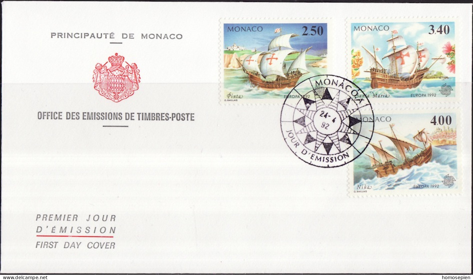 Europa CEPT 1992 Monaco FDC1 Y&T N°1825 à 1827 - Michel N°2070 à 2072 - 1992