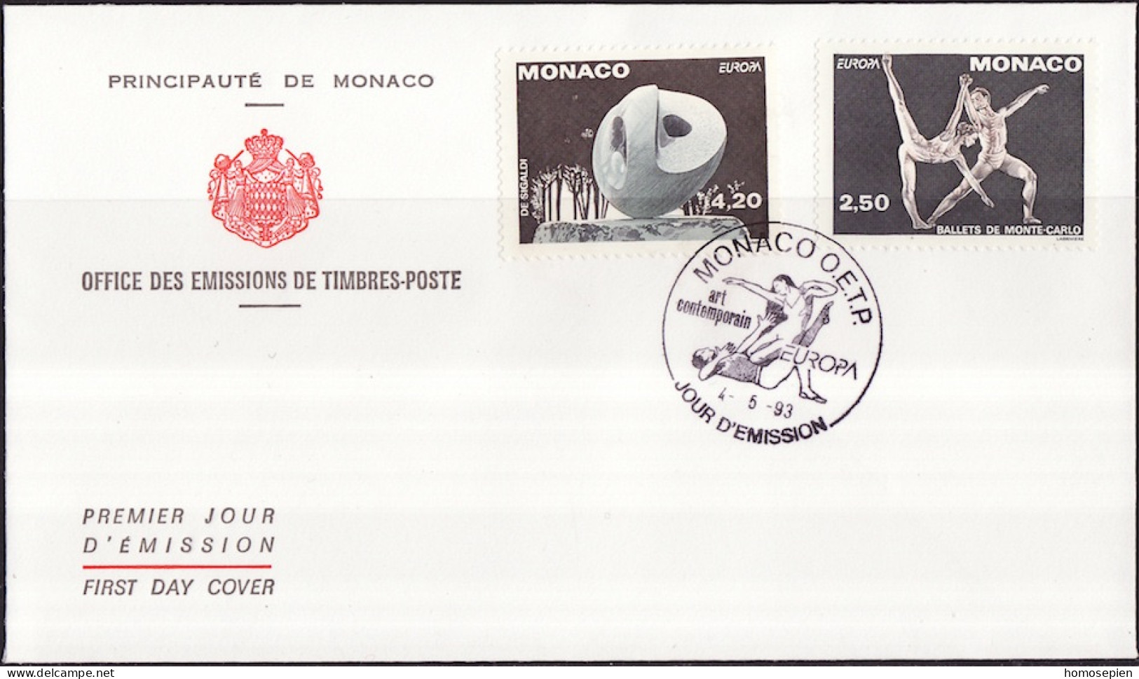 Europa CEPT 1993 Monaco FDC Y&T N°1875 à 1876 - Michel N°2120A à 2121A - 1993