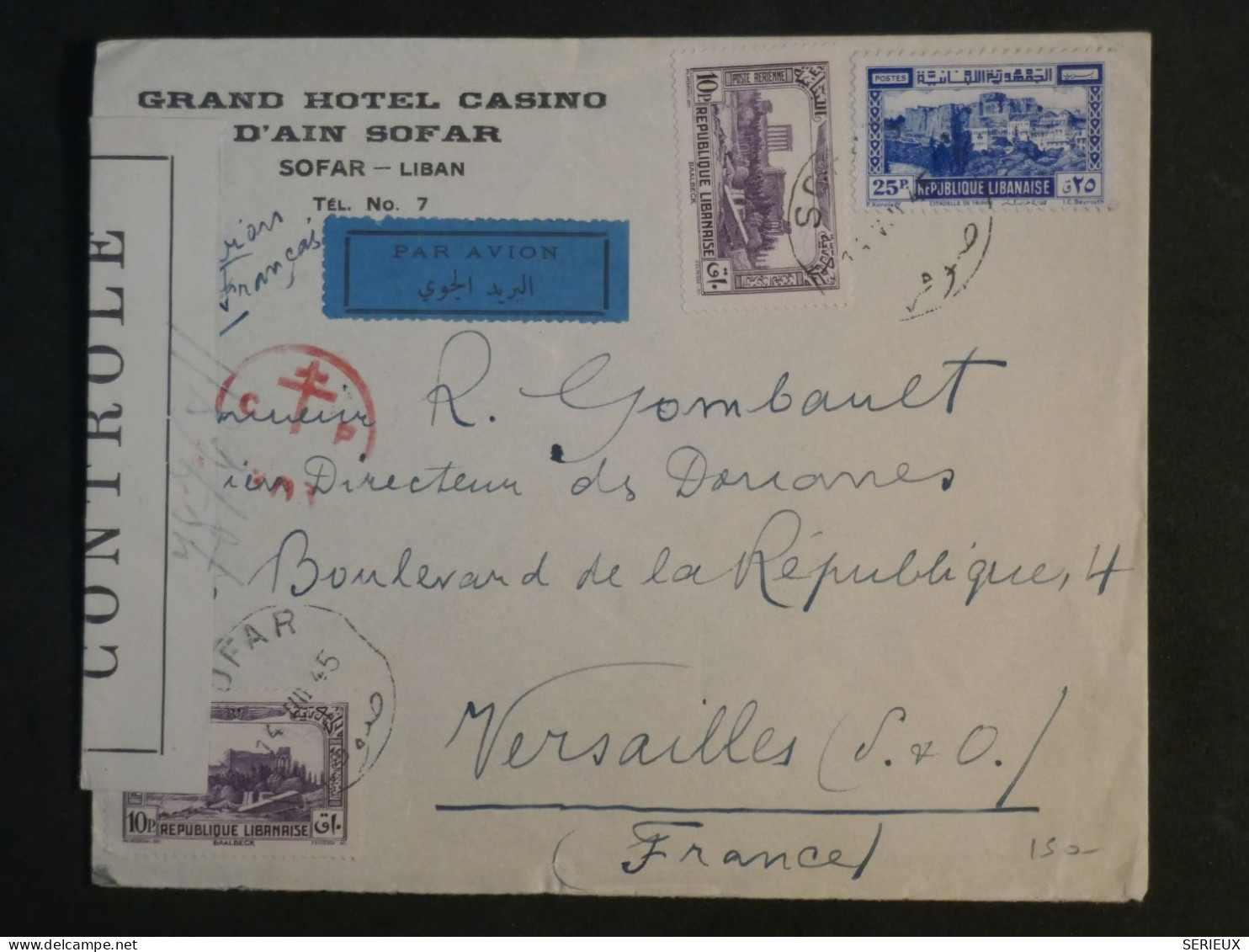 DE0  LIBAN   BELLE LETTRE CENSUREE GRAND HOTEL AIN SOFAR    1945 A VERSAILLES FRANCE  +TIMBRE FISCAL+AFF. INTERESSANT + - Lettres & Documents