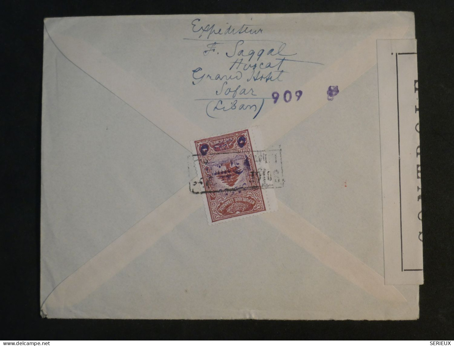 DE0  LIBAN   BELLE LETTRE CENSUREE GRAND HOTEL AIN SOFAR    1945 A VERSAILLES FRANCE  +TIMBRE FISCAL+AFF. INTERESSANT + - Storia Postale