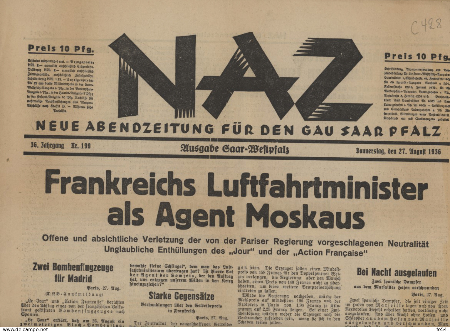 ° NAZ ° NEUE ABENDZEITUNG FÜR DEN GAU SAARPFALZ ° 27 AOUT 1936 ° - Sonstige & Ohne Zuordnung