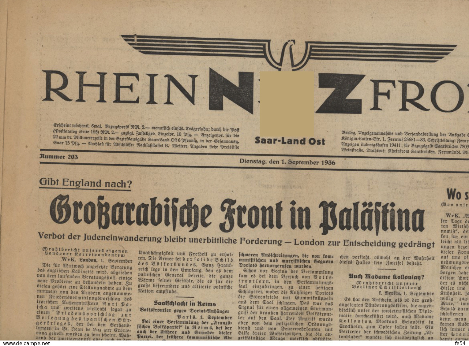 ° NZZ ° RHEIN FRONT ° SAAR-LAND OST ° 1er SEPTEBRE 1936 ° - Autres & Non Classés