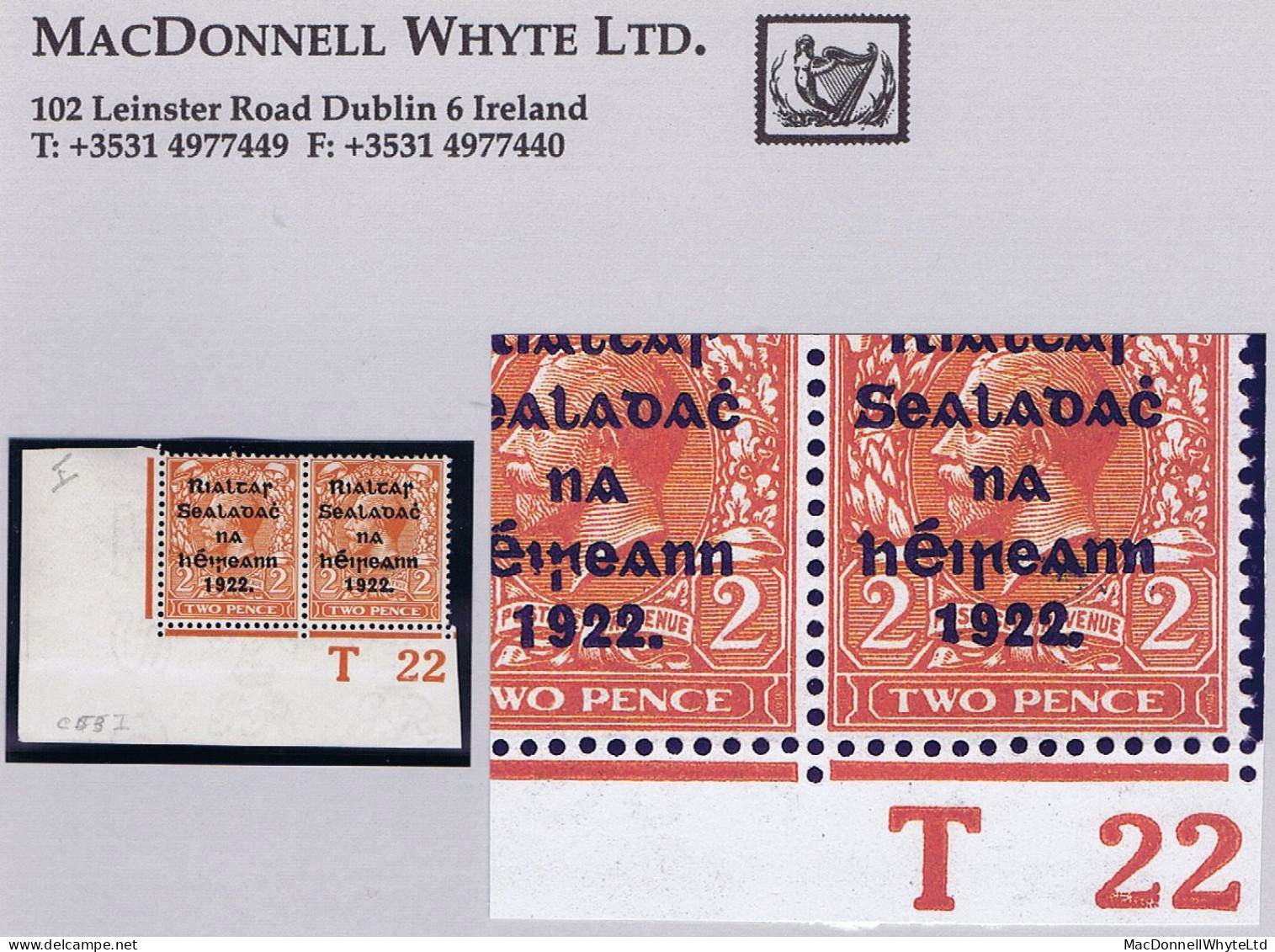 Ireland 1922 Thom Rialtas 5-line Ovpt In Blue-black On 2d Die 2, Control T22 Imperf Corner Pair Plate 3 Mint - Other & Unclassified