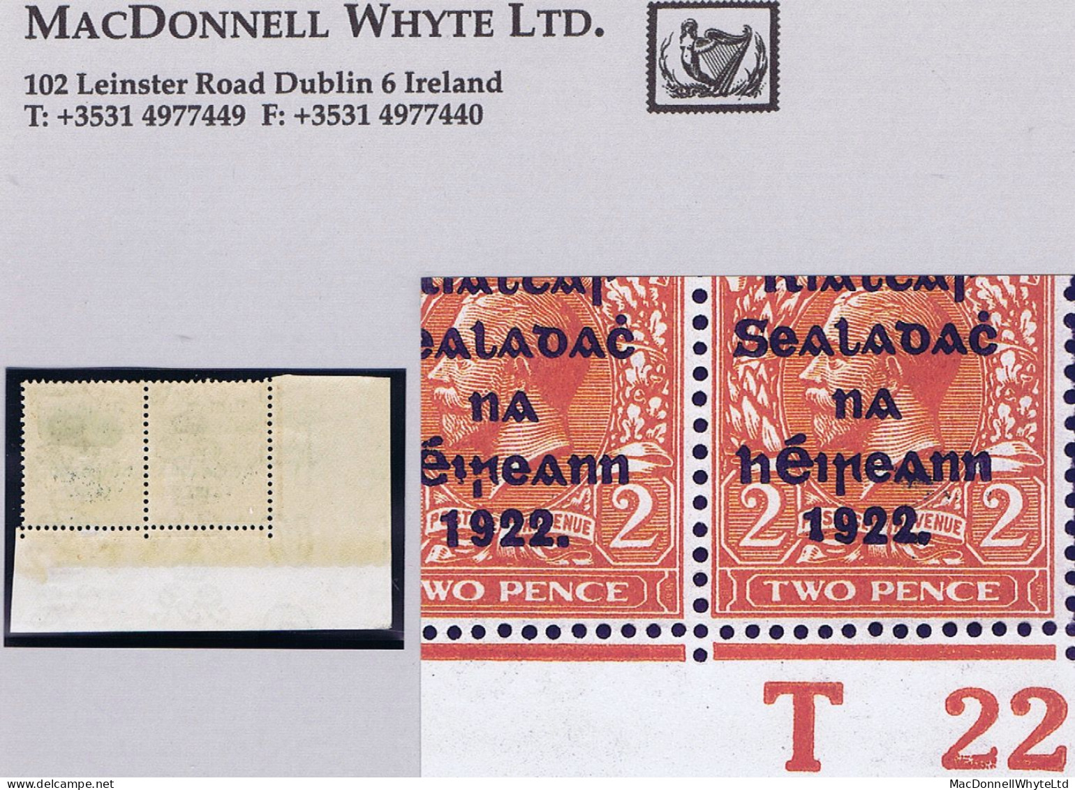 Ireland 1922 Thom Rialtas 5-line Ovpt In Blue-black On 2d Die 2, Control T22 Imperf Corner Pair Plate 3 Mint - Andere & Zonder Classificatie