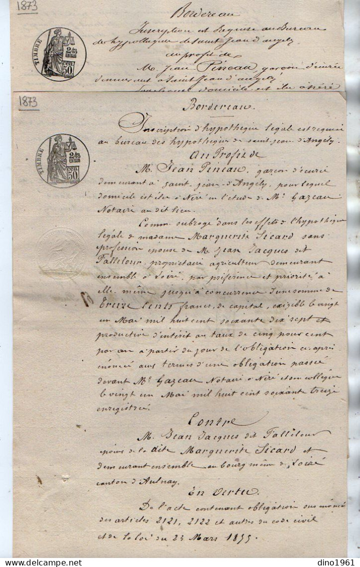 VP22.831  - SAINT JEAN D'ANGELY - 2 Actes De 1873 - M. PINEAU, Garçon D'Ecurie Contre M. JACQUES à LOIRE - Manuscrits