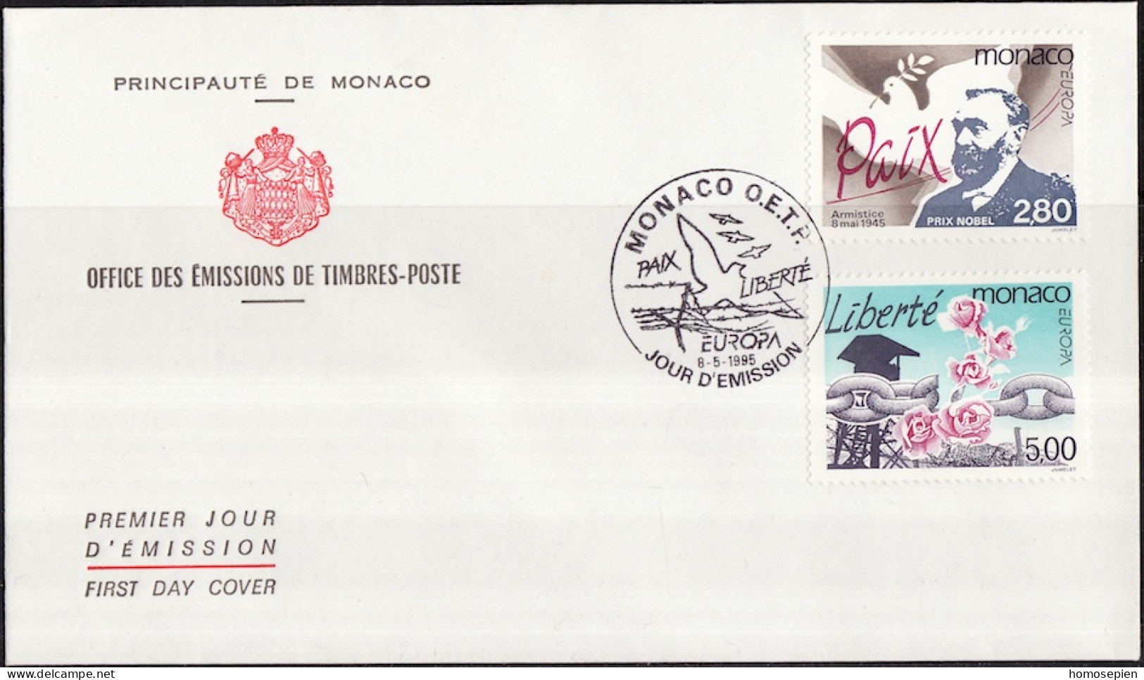 Europa CEPT 1995 Monaco FDC Y&T N°1987 à 1988 - Michel N°2230 à 2231 - 1995