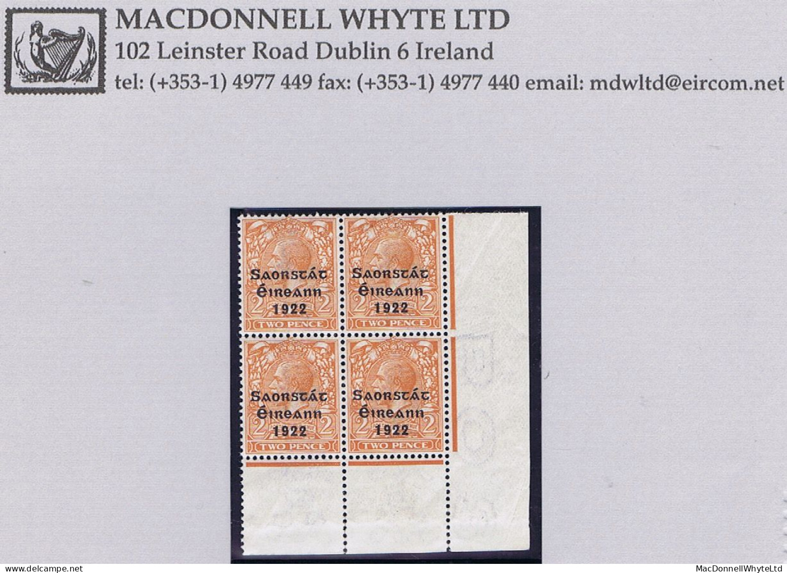 Ireland 1922-23 Thom Saorstát 3-line Overprint In Blue-black On 2d Orange, Corner Block Of 4 Mint Unmounted - Ongebruikt