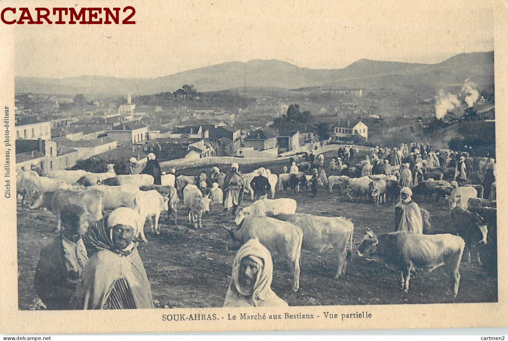 SOUK-AHRAS CACHET 3e REGIMENT DE ZOUAVES BATAILLON A PIEDS LE MARCHE AUX BESTIAUX GUERRE MARCOPHILIE ALGERIE  - Souk Ahras