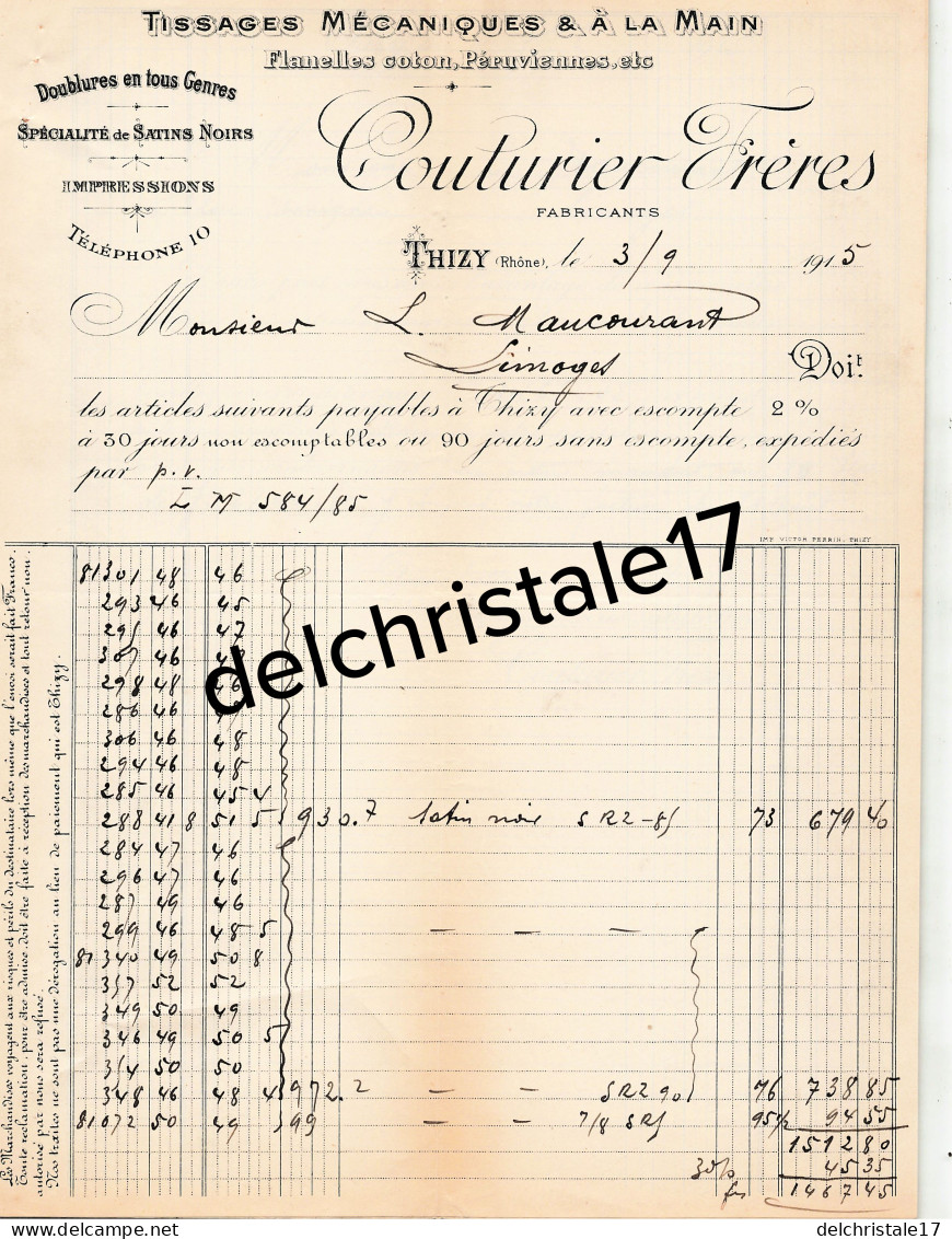 69 0733 THIZY RHONE 1915 Tissages Mécanique & à La Main COUTURIER Frères Satins Noirs Impressions à MAUCOURANT - Hopkinsville