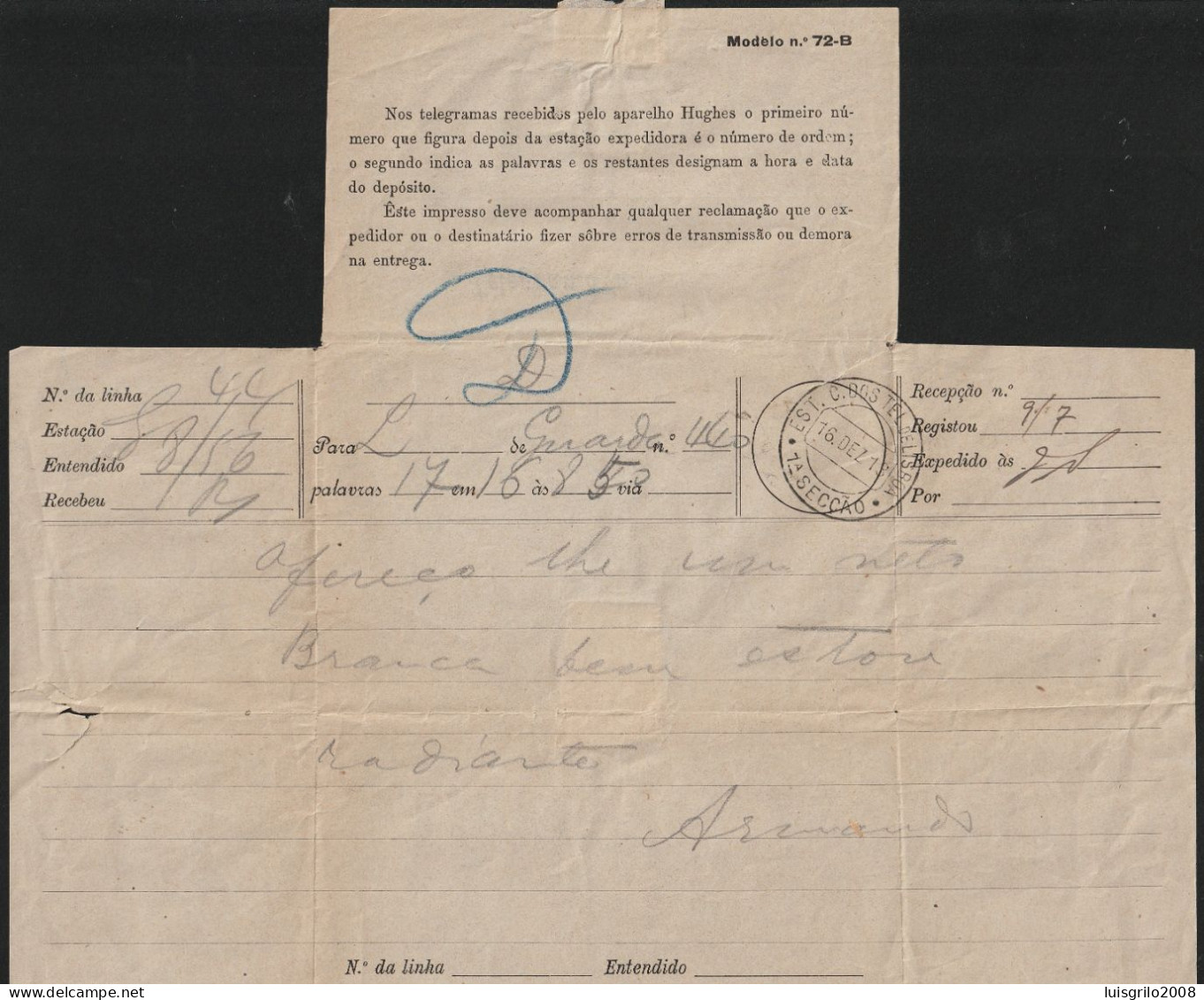 Telegram/ Telegrama 1913 - Postmark EST. C. DOS TEL. DE LISBOA -|- Guarda > Lisboa - Brieven En Documenten