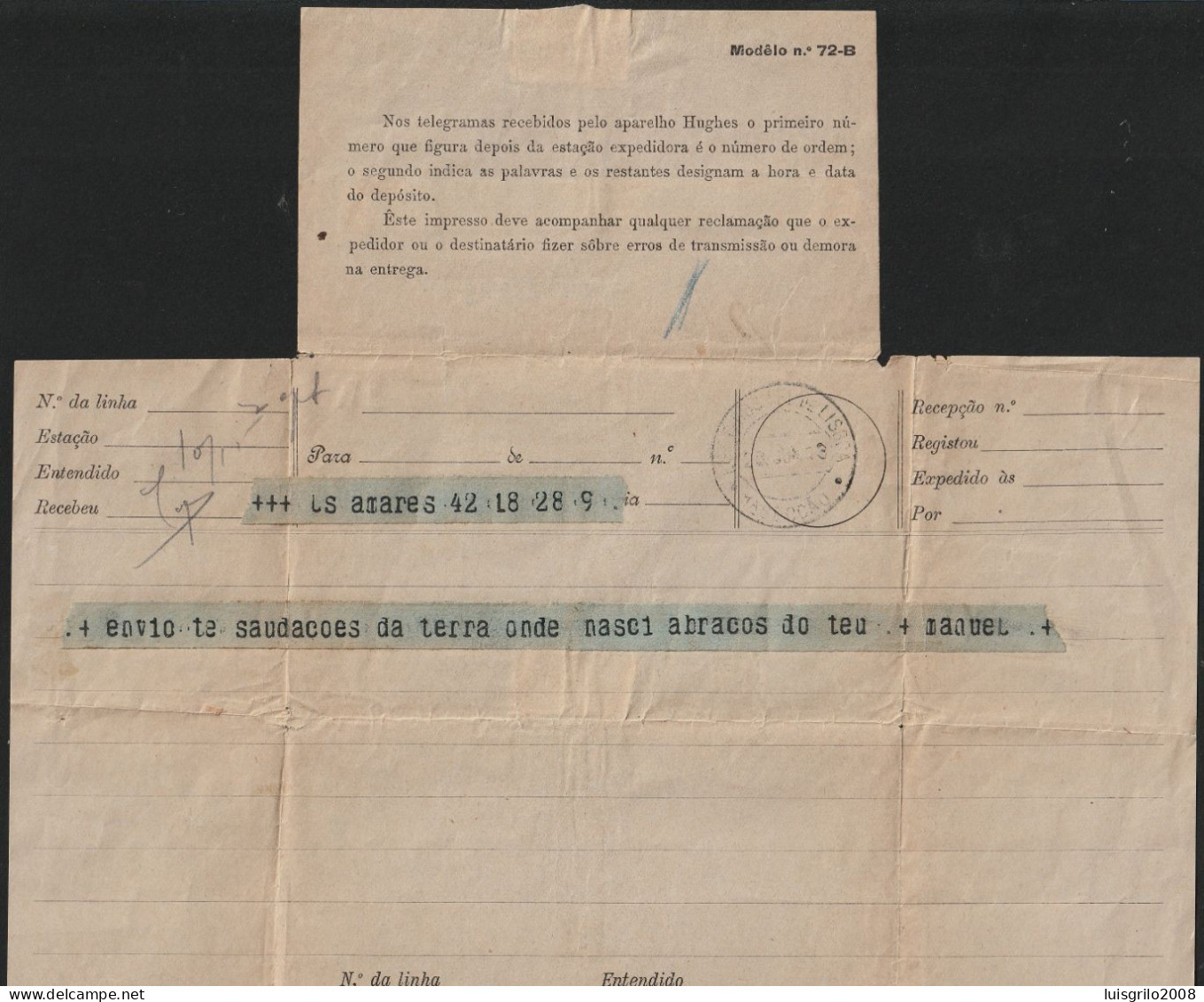 Telegram/ Telegrama 1913 - Postmark EST. C. DOS TEL. DE LISBOA -|- Amares > Lisboa - Lettres & Documents