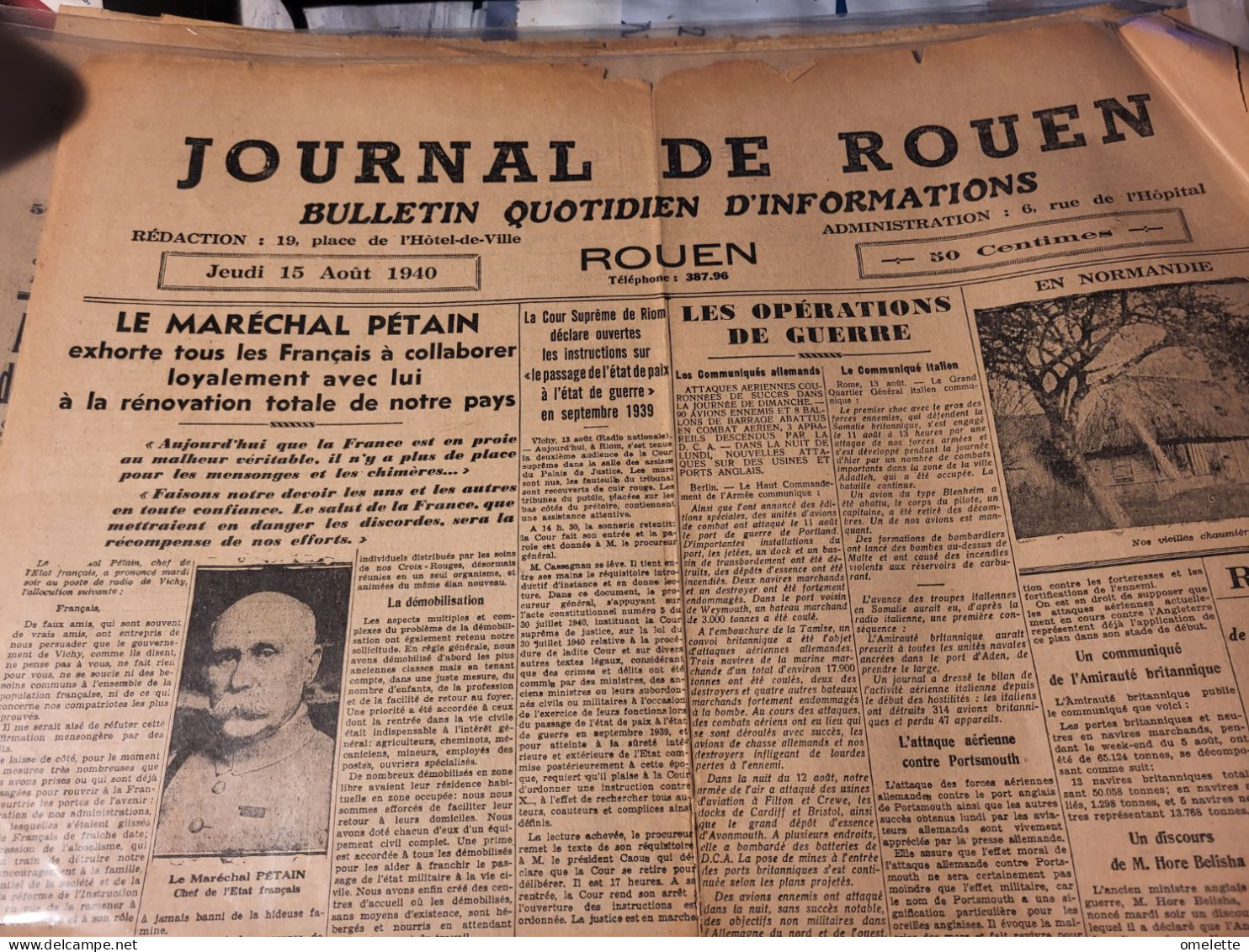 JOURNAL DE ROUEN 40/ PETAIN RENOVATION DU PAYS// RIOM COUR SUPREME / - 1800 - 1849