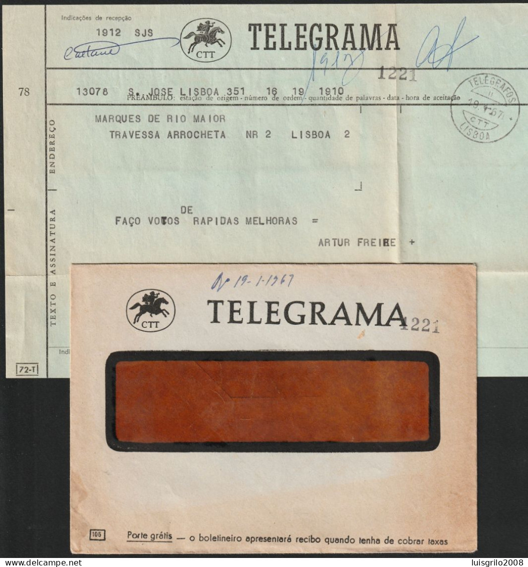 Telegram/ Telegrama - Lisboa -|- Postmark - TELEGRAFOS. Lisboa. 1967 - Lettres & Documents