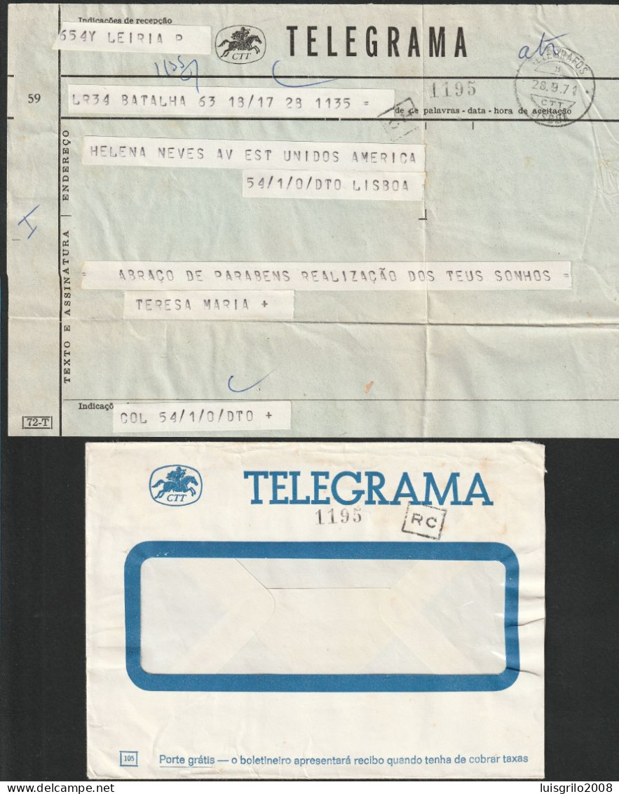 Telegram/ Telegrama - Leiria > Lisboa -|- Postmark - TELEGRAFOS. Lisboa. 1971 - Covers & Documents