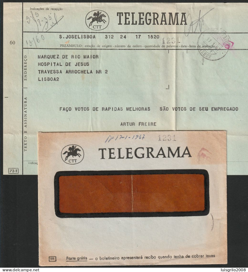Telegram/ Telegrama - Lisboa -|- Postmark - TELEGRAFOS. Lisboa. 1967 - Covers & Documents