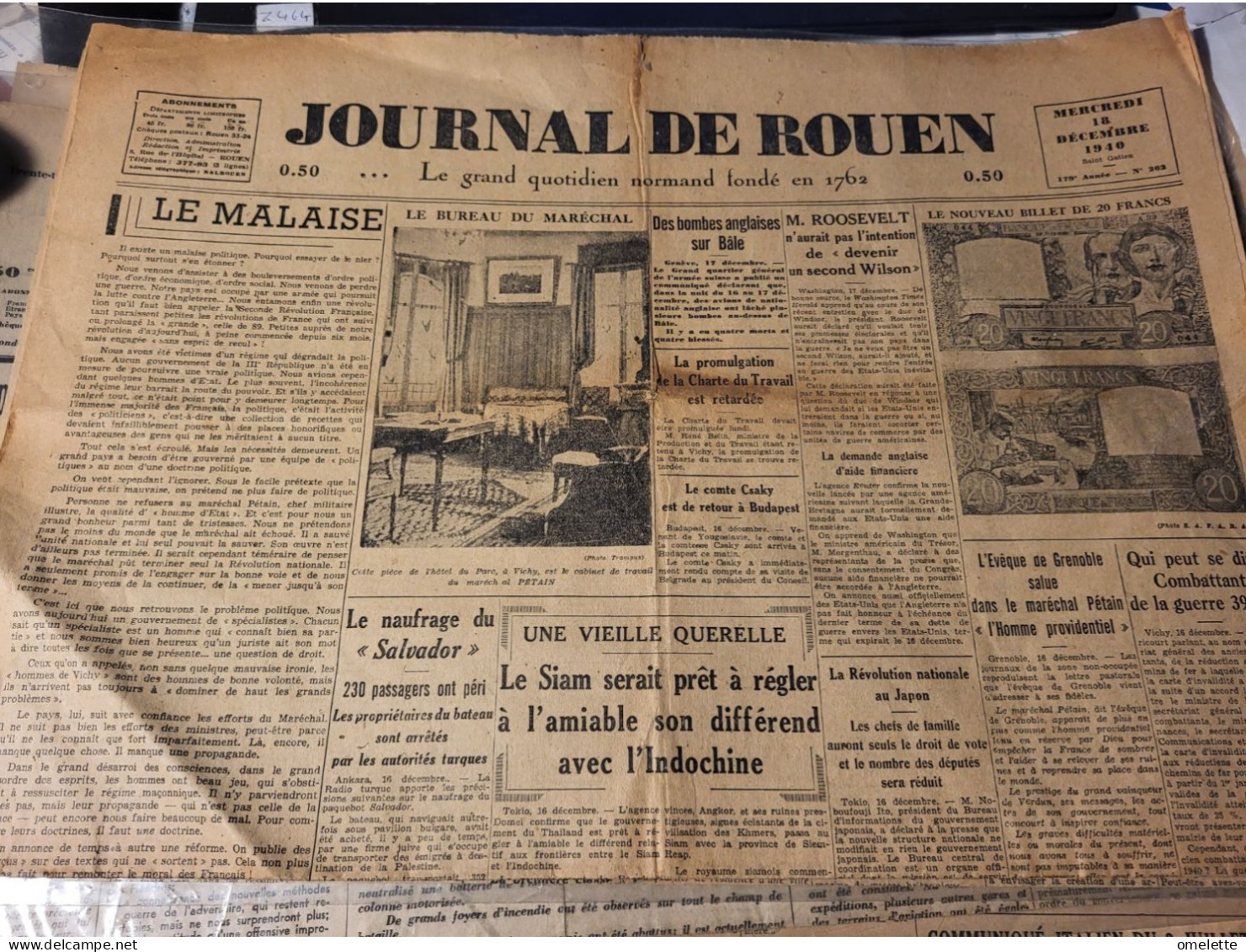 JOURNAL DE ROUEN 40/ MALAISE MICHEL LAFOND/BUREAU PETAIN/NOUVEAU BILLET BAZER PRIX ROME / /SIAM/ - 1800 - 1849