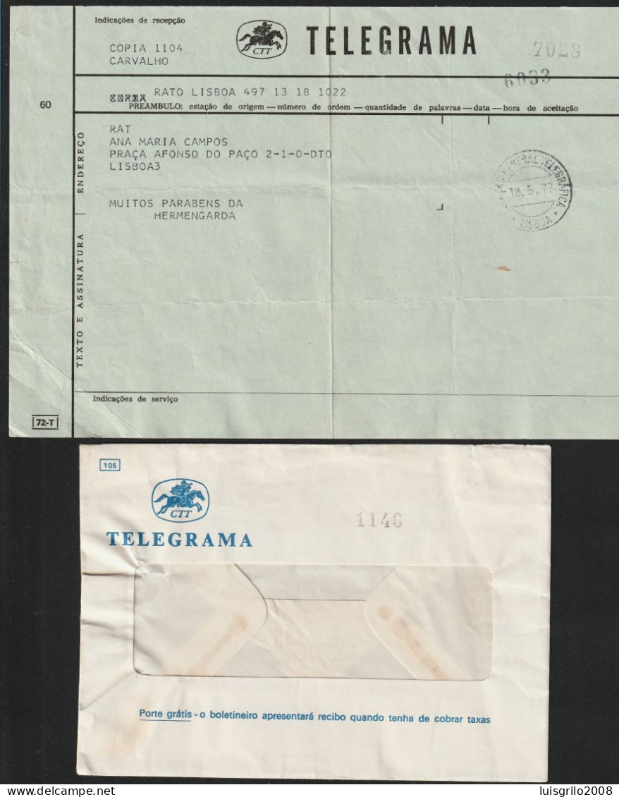 Telegram/ Telegrama - Postmark ESTAÇÃO CENTRAL TELEGRÁFICA. Lisboa. 1967 - Covers & Documents