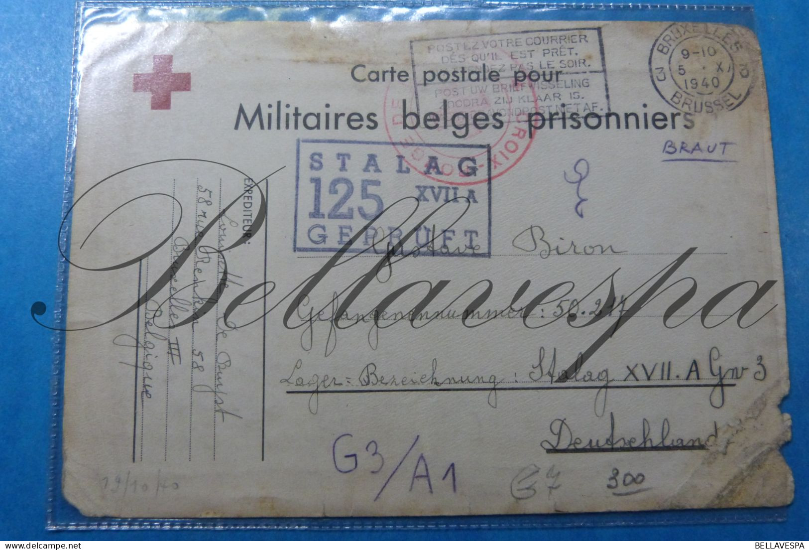 Lager N° 50. 217  Militaire Stalag 125 XVII A 19/10/1940 Louisette De Buyst  Bruxelles Rue Renkin Gustave Biron - Weltkrieg 1939-45