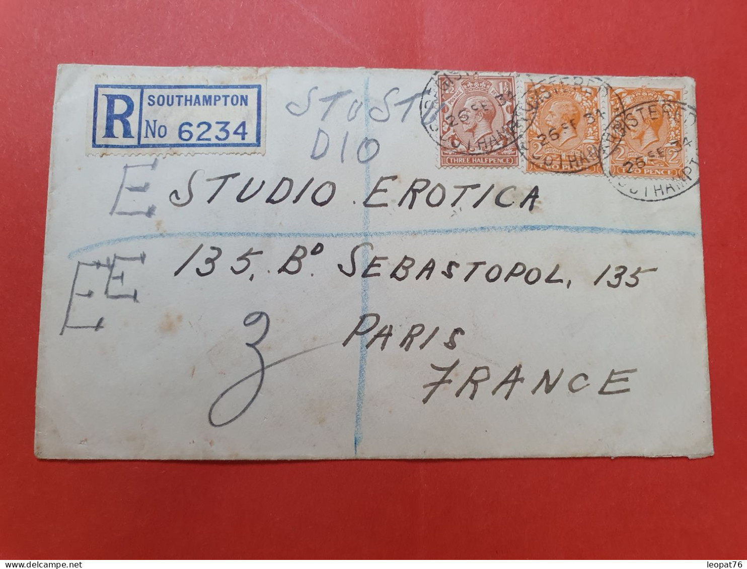 GB - Enveloppe En Recommandé De Southampton Pour Paris En 1934 - D 451 - Brieven En Documenten