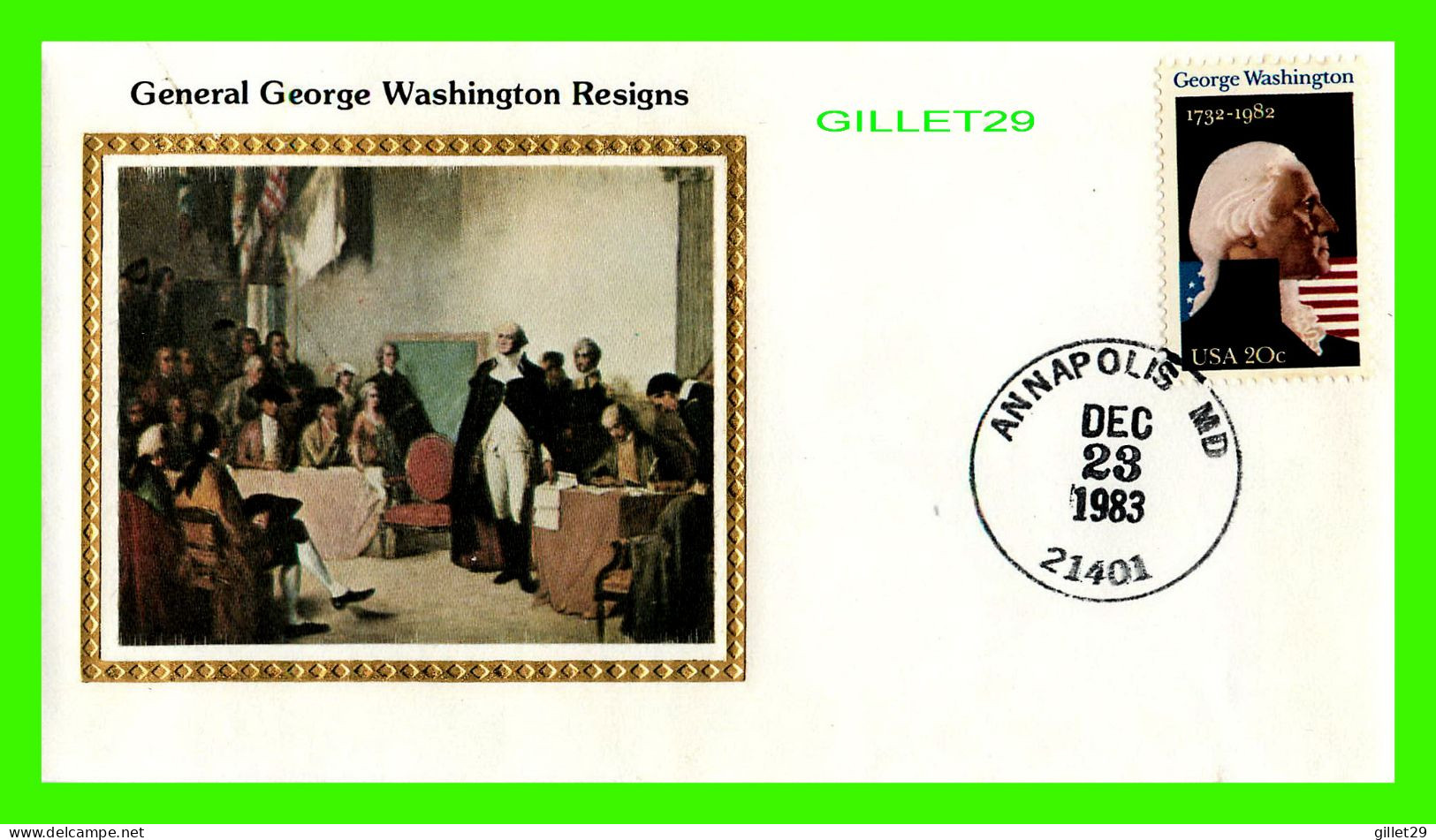 SILK COVERS - PREMIER JOUR 1983 - GENERAL GEORGE WASHINGTON RESIGNS - 1732-1982, U.S.A. - - Cartas & Documentos
