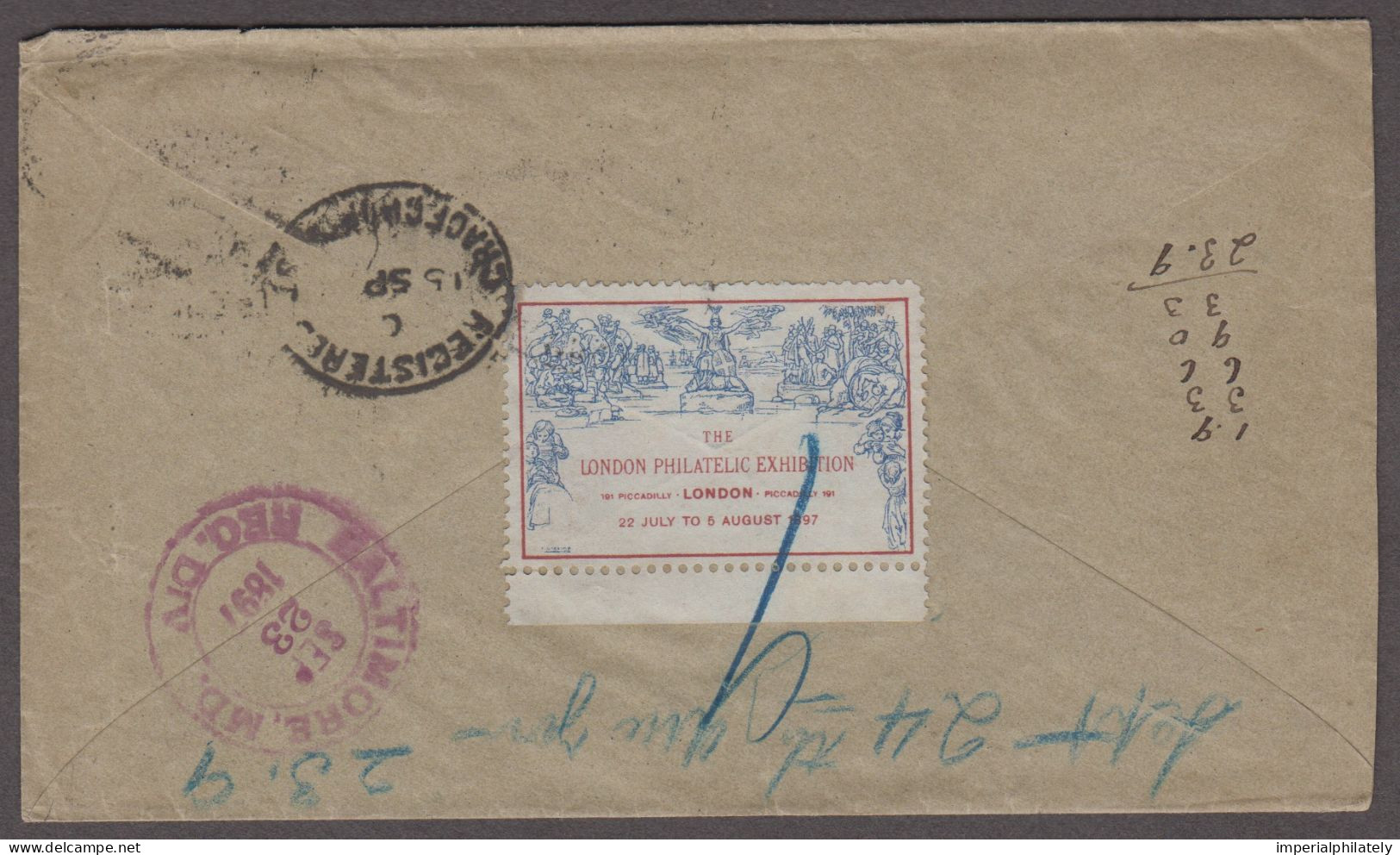 1897 Envelope From London To The USA With 1897 "The London Philatelic Exhibition" Vignette On Reverse, Jubilee Franking - Lettres & Documents