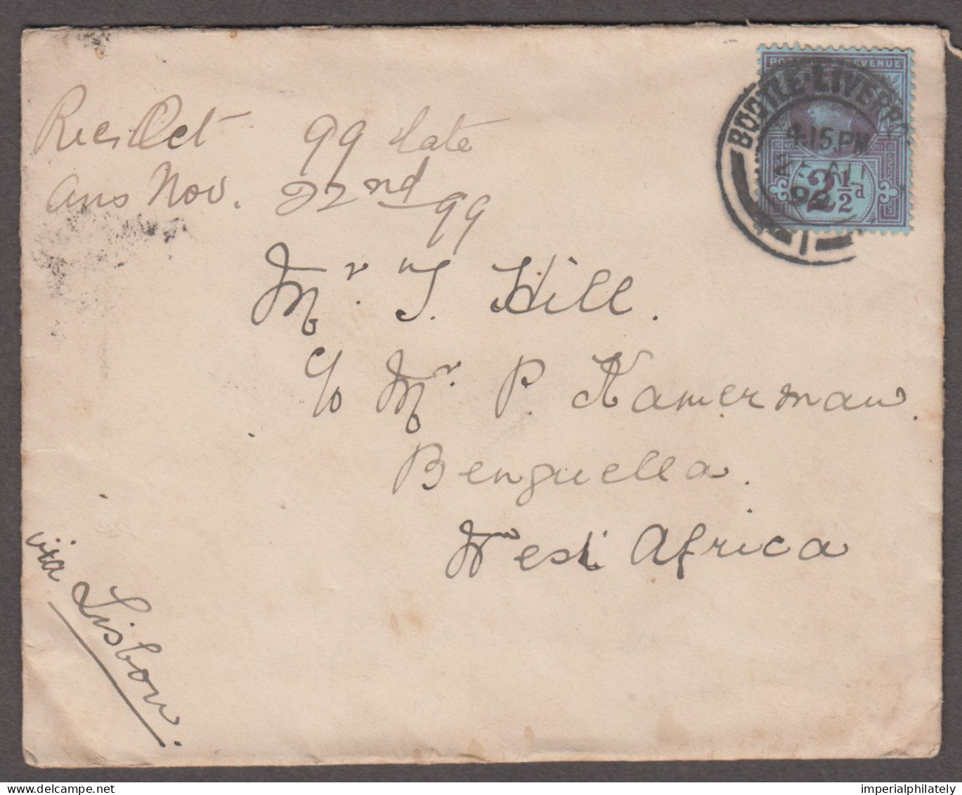 1899 Envelope From Liverpool To ANGOLA With 1887 2 1/2d Jubilee Tied By Bottle, Liverpool Double Circle Ds, Rare - Covers & Documents