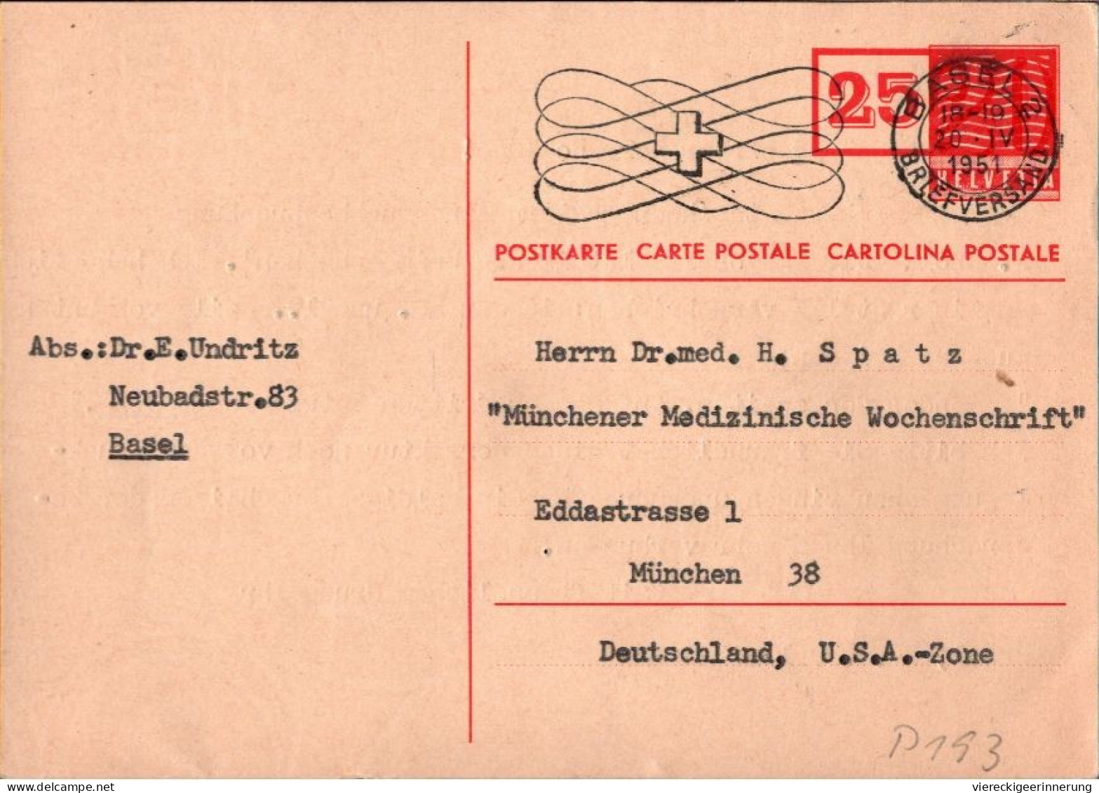 ! Ganzsache 1951 Aus Basel , Autograph Dr. Erik Undritz, Arzt - Medicina