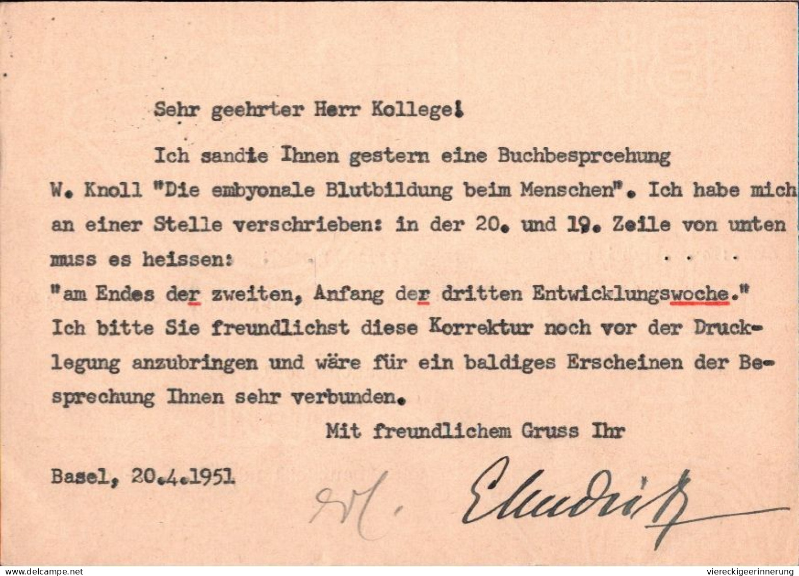 ! Ganzsache 1951 Aus Basel , Autograph Dr. Erik Undritz, Arzt - Medizin
