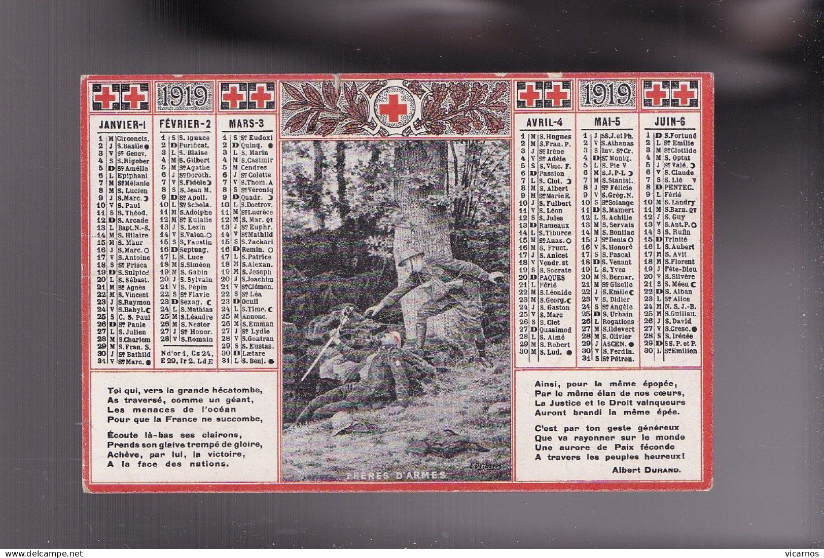 CALENDRIER MILITARIA 1919 Societé De Secours Aux Bléssés Militaires - Petit Format : 1901-20