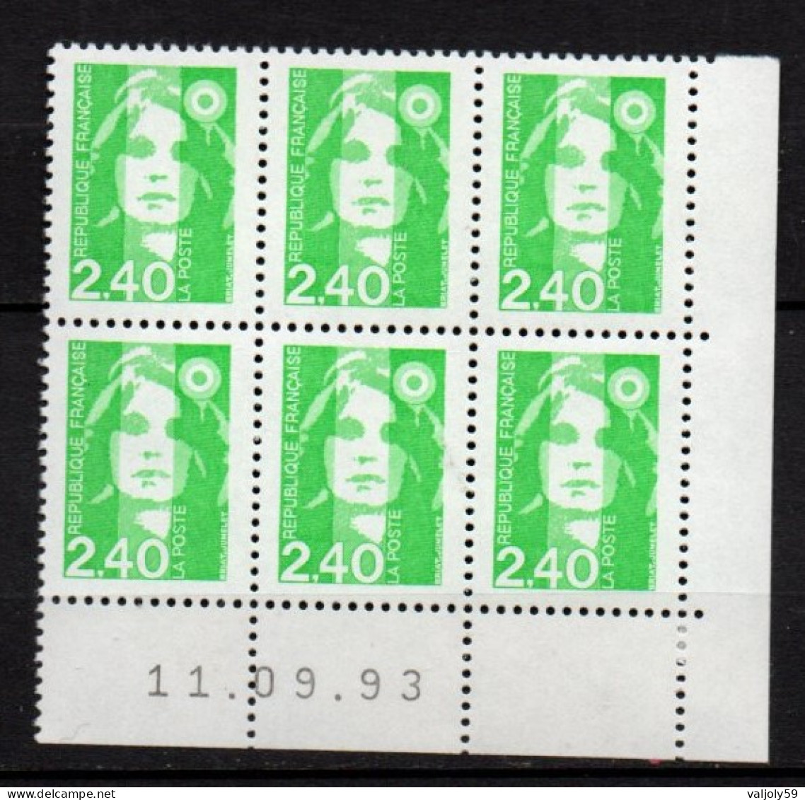 Coin Daté - YT N° 2820** Marianne De Briat 2,40 F Vert  - Bloc De 6 Timbres - Daté Du 11-09-93 - 1990-1999