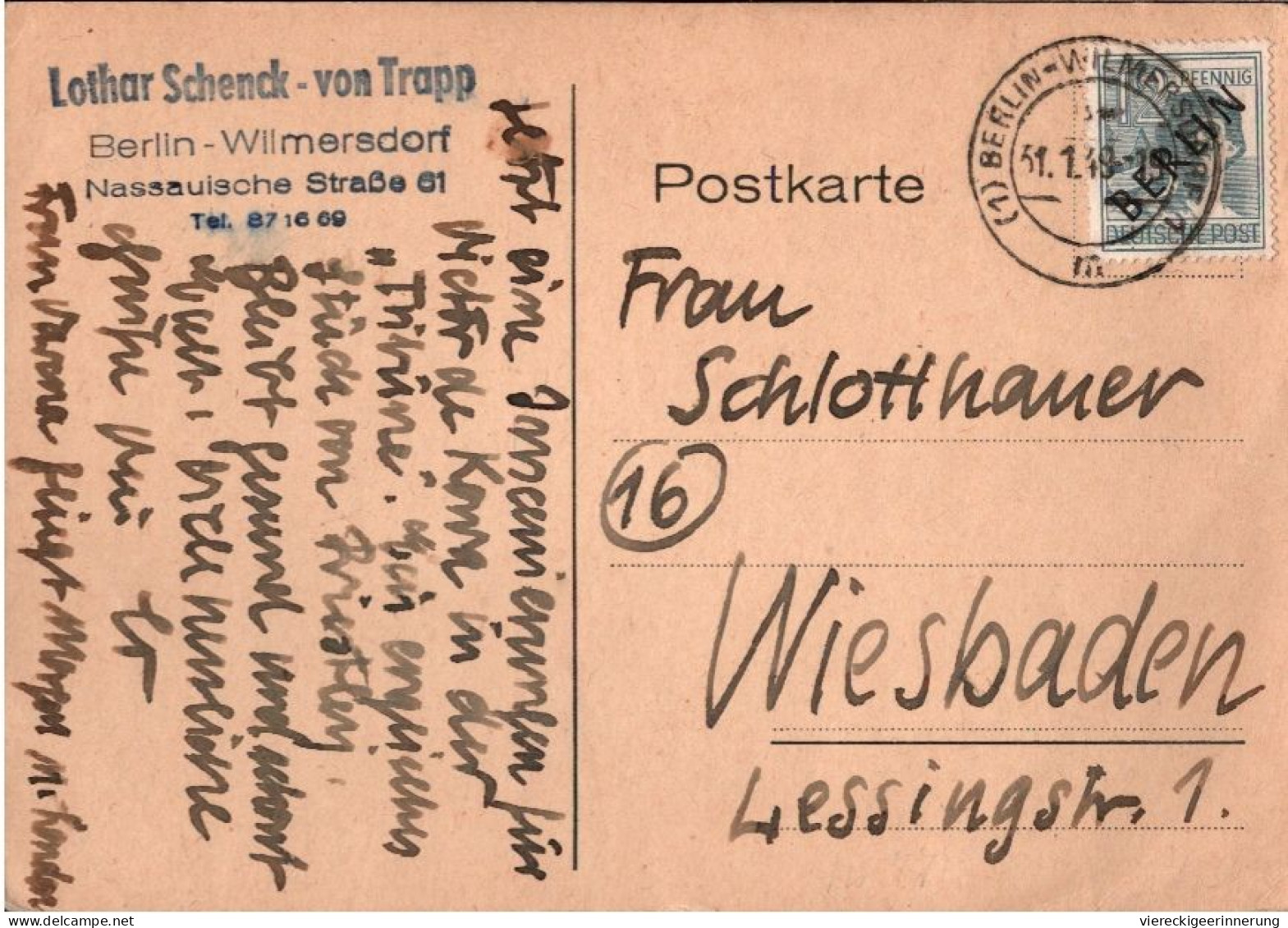 ! 1949 Postkarte Aus Berlin Wilmersdorf , Autograph Lothar Schenck - Von Trapp , Bühnenbildner, Theater - Cartas & Documentos